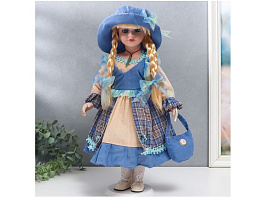 Кукла 7559289 керамика Алиса с косичками в бежево-голубом платье 40см