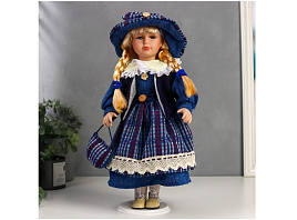 Кукла коллекционная 6260187 керамика Сашенька в ярко-синем наряде в клетку 40см