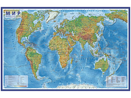 Карта Мира физическая Globen КН038 1:29млн., 1010*660мм, интерактивная, с ламинацией, европодвес