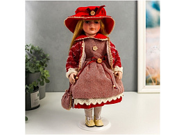 Кукла коллекционная 6260186 керамика Машенька в коралловом платье и бордовом жакете 40см