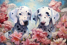 Алмазная мозаика 30*40 НД-0480 Далматинцы в цветах, с подрамником