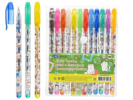 Набор гел. ручек 12цв. МС-6542-12 "КОТЫ" ароматизированные, с блёстками, прозрачный пластиковый корпус с рисунком, цветной колпачок