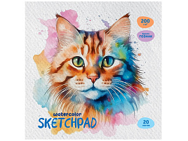 Скетчбук BG Скв20ск_57144 для акварели, 20л., 200*200 "Акварельный кот", на склейке, глянцевая ламинация, 200г/м2, ГОЗНАК, среднее зерно