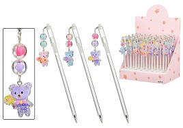 Ручка MC-7260 "МЕДВЕЖОНОК" прозрачный пластиковый корпус, колпачок со съёмным брелоком-бусинки с фигуркой, цвет чернил -синий