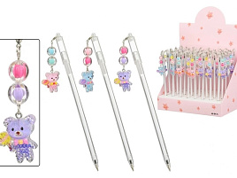 Ручка MC-7260 "МЕДВЕЖОНОК" прозрачный пластиковый корпус, колпачок со съёмным брелоком-бусинки с фигуркой, цвет чернил -синий