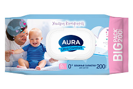 Влажные салфетки Детские 200шт Aura Ultra comfort М с крышкой 3095