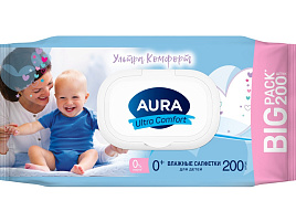 Влажные салфетки Детские 200шт Aura Ultra comfort М с крышкой 3095