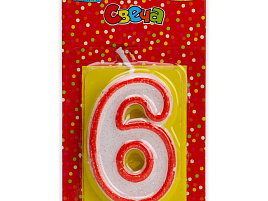 Свеча-цифра "6" С-2411 красн.окантовка с блестками