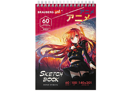 Скетчбук BRAUBERG 115061 "Аниме", белая бумага 100 г/м2, 140х201 мм, 60 л., гребень, жёсткая подложка