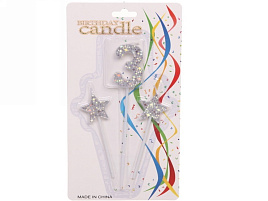 Свеча-цифра "3" Звездное сияние серебро 448-216