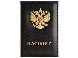 Обложка на паспорт OfficeSpace PS384362 "ПАСПОРТ", натуральная кожа Шик, текстура гладкая, тиснение, подклад текстиль, черный, металлический шильд Герб