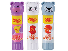 Клей-карандаш 9г. Мульти-Пульти GS_82995 "Зверята: Морской котик, Бегемот, Кошка ", колпачок в форме животного