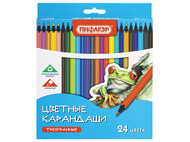 Карандаши цветные 24цв. ПИФАГОР 182088 СТАНДАРТ трехгранный корпус