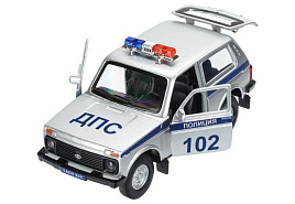 Машина металлическая LADA4X4-P-SL LADA 4x4 ПОЛИЦИЯ, 12 см, св-зв, двер, баг, ин., кор