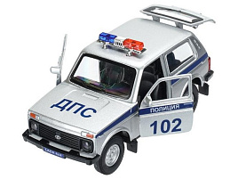 Машина металлическая LADA4X4-P-SL LADA 4x4 ПОЛИЦИЯ, 12 см, св-зв, двер, баг, ин., кор
