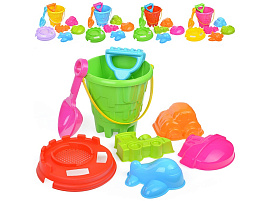 Песочный набор №9 НП09 ведро, ситечко, совок, грабельки, 4 формочки