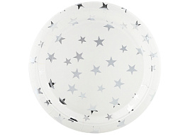 Тарелка бумажная 23см 6231902 Серебристые звезды, белый/серебро 6шт