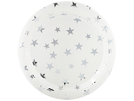 Тарелка бумажная 23см 6231902 Серебристые звезды, белый/серебро 6шт