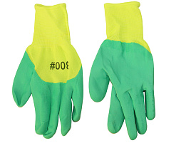 Перчатки х/б Полиэстер G1455 вспененное покрытие желто-салатовые 44гр.
