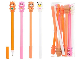 Ручка MC-6823 "МИШКА" синяя, цветной корпус /ассорти/, съёмный прорезиненный наконечник, в пластиковой упаковке