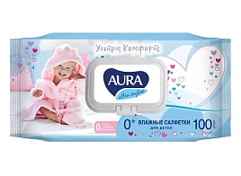 Влажные салфетки Детские AURA 100шт Ultra Comfort М с крышкой