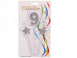 Свеча-цифра "9" Звездное сияние серебро 448-222