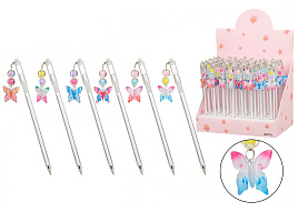 Ручка MC-7256 "БАБОЧКА" прозрачный пластиковый корпус, колпачок со съёмным брелоком-бусинки с фигуркой, цвет чернил -синий