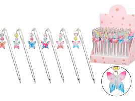 Ручка MC-7256 "БАБОЧКА" прозрачный пластиковый корпус, колпачок со съёмным брелоком-бусинки с фигуркой, цвет чернил -синий