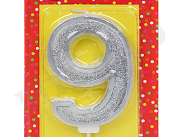 Свеча-цифра "9" С-5973 Серебряный глиттер