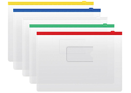 Папка-конверт на молнии Стамм ММ-322061 А4, ПВХ, 120мкм, прозрачная, цветная молния, карман, ассорти