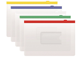 Папка-конверт на молнии Стамм ММ-322111 А5, ПВХ, 120мкм, прозрачная, цветная молния, карман, ассорти