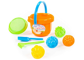 Песочный набор №10 0989 ведро, ситечко, лопатка, грабельки, 4 формочки