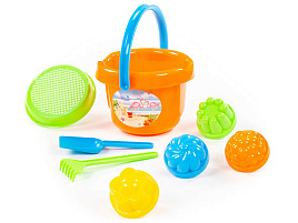 Песочный набор №10 0989 ведро, ситечко, лопатка, грабельки, 4 формочки