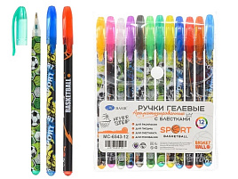 Набор гел. ручек 12цв. МС-6543-12 "Спорт" ароматизированные, с блёстками, прозрачный пластиковый корпус с рисунком, цветной колпачок