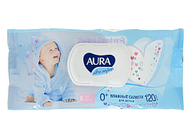 Влажные салфетки Детские 120шт Aura Ultra comfort М Алоэ+вит.Е крышка