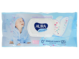 Влажные салфетки Детские 120шт Aura Ultra comfort М Алоэ+вит.Е крышка