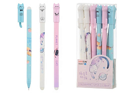 Ручка Пиши-Cтирай K9907 гелевая: "ПЛАНЕТА КОШЕК" цветной корпус с рисунком /ассорти/, колпачок выполнен в форме кошки 0,35 mm, цвет чернил синий