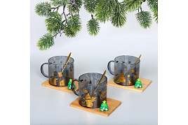 НГ Кружка стекло 250мл 891-0627 Зимняя сказка на бамбуковой подставке