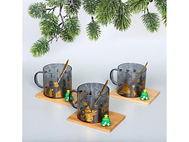 НГ Кружка стекло 250мл 891-0627 Зимняя сказка на бамбуковой подставке