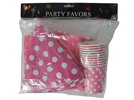 Набор бумажной посуды 1519 Горошек розовый (стаканы, тарелки, скатерть,колпаки, салфетки)