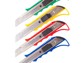 Нож канц. OfficeSpace 262451 18мм усиленный, с фиксатором, металл. направляющие, ассорти, европодвес