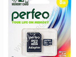 Карта памяти micro SDHC 8Gb Perfeo Class10+адаптер