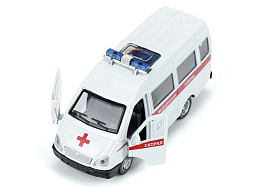 Машина металлическая GAZ3221VAN-12AMB2-WH  ГАЗ газ-3221 "газель" СКОРАЯ длина 12,2 см, двери,инерц, кор.