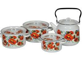 Набор кастрюль эмаль 4пр (1,5+2,9+3,9+чайник3,5л) Маки мечта 1С142