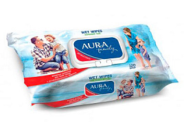 Влажные салфетки  Ан. AURA 120шт Family с кр.антиб.2342