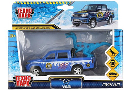 Машина металлическая PICKUP-12SNOW-DINO UAZ PICKUP СНЕГ 12 см, двери, багаж, инерц, динозавр, кор.