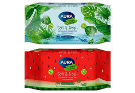 Влажные салфетки AURA 63шт освежающие для всей семьи М