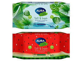 Влажные салфетки AURA 63шт освежающие для всей семьи М