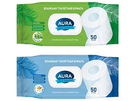Туалетная бумага влажная  Aura 50шт.с крышкой М 0247