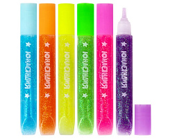 Гель 6 цв. ЮНЛАНДИЯ 662253 с блестками "НЕОНЧИКИ", для декора, поделок, DIY, творчества, оформления, 10,5 мл, цвета ассорти, в дисплее